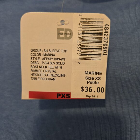 NWT Emily Daniels 3/4 Sleeve Ribbed Boat Neck Top - Marina Blue - Petite XS - Picture 6 of 6